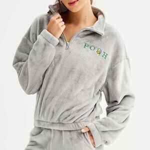 Disney Winnie the Pooh Quarter Zip Cropped Fluffy Fleece Sweatshirt